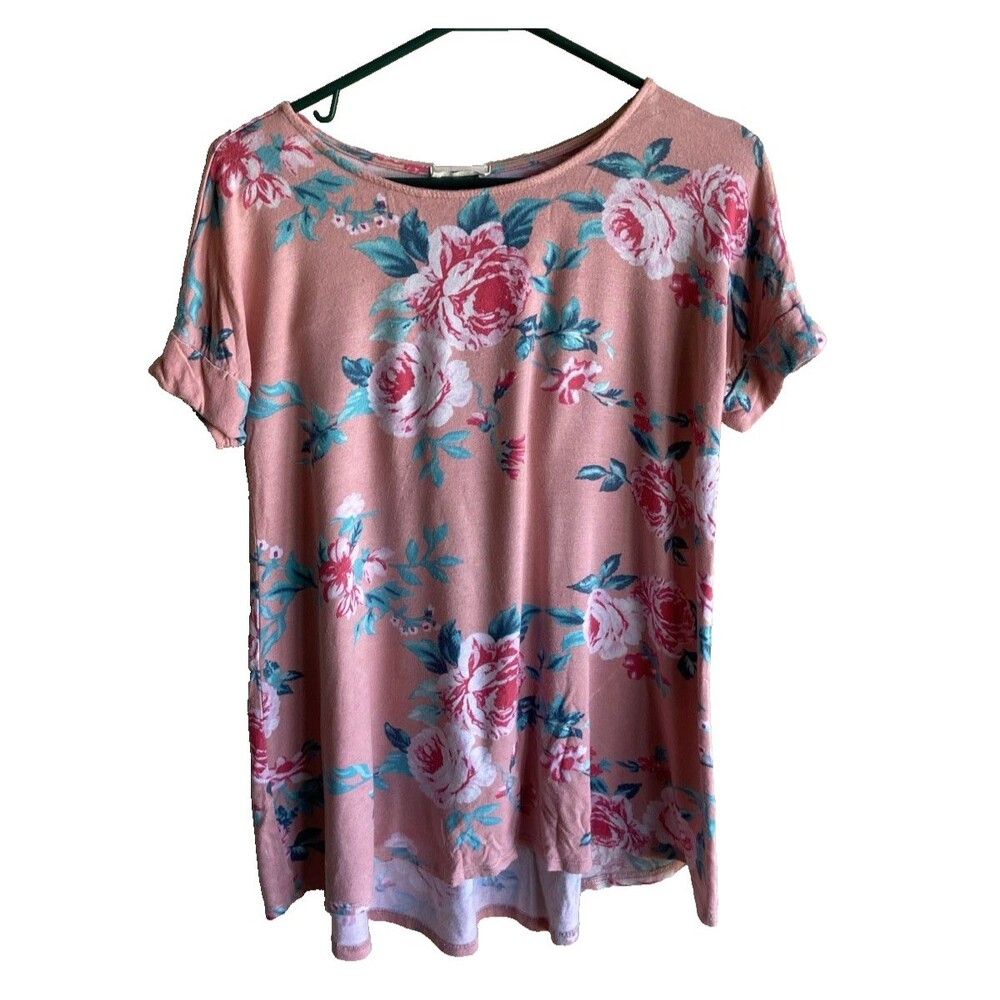 First Love Knit top Womens Small Pink Floral Cuffed Short Sleeves Stretchy